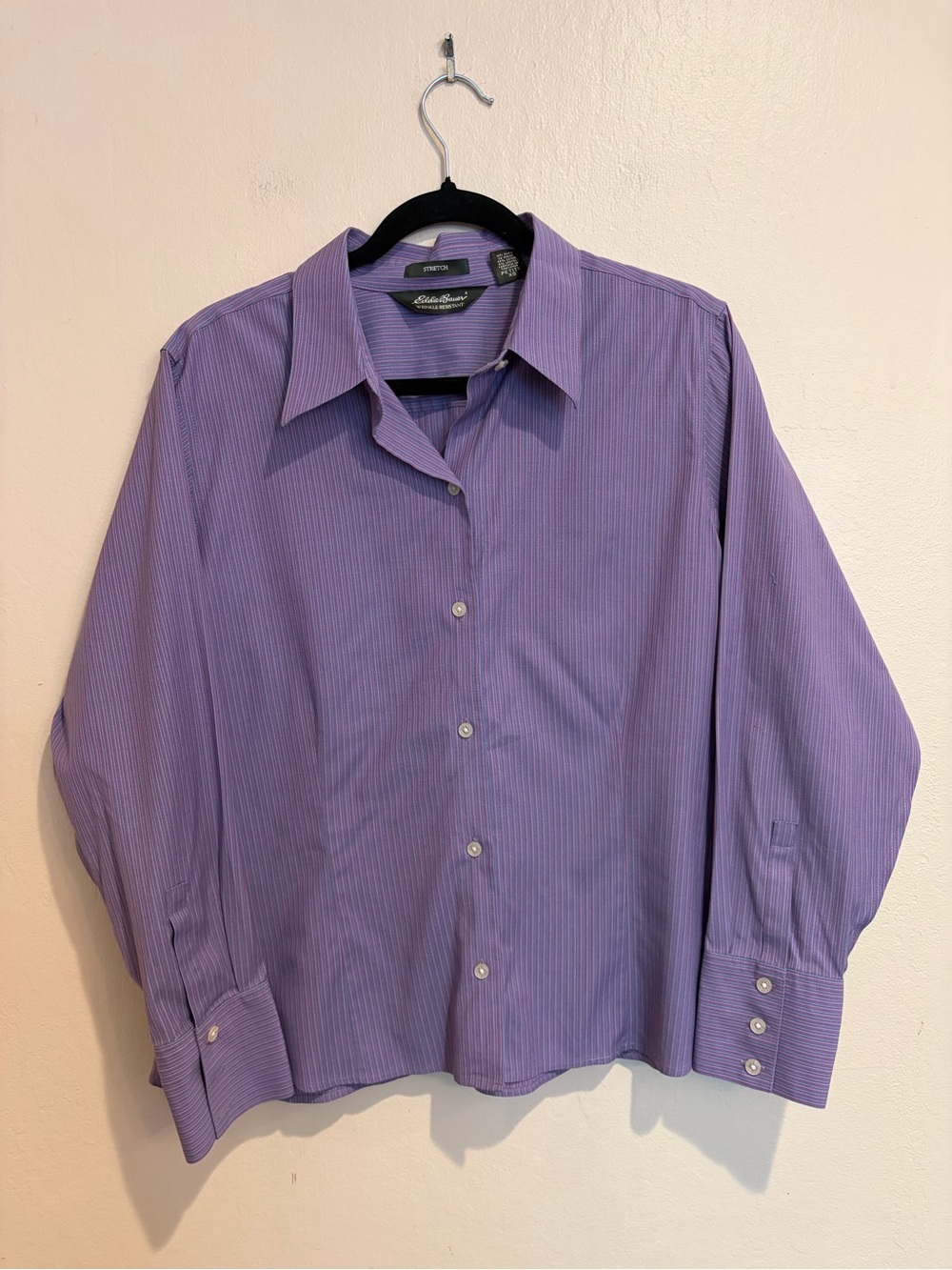 Eddie Bauer Women’s Lavender and Light Blue Striped Button Up Shirt, size PXL